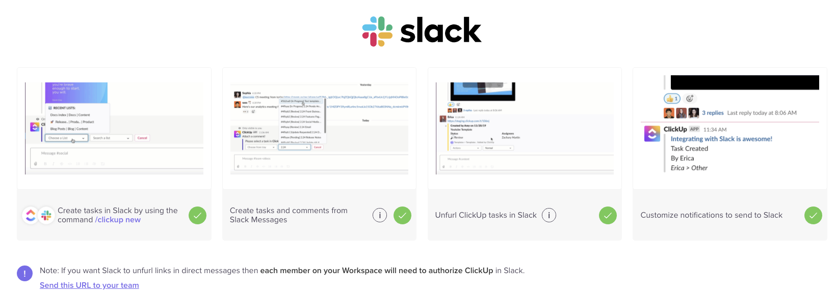 the integration setup steps for Slack in ClickUp