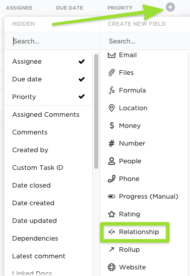 Screenshot showing how to create a new Relationship from a List view.