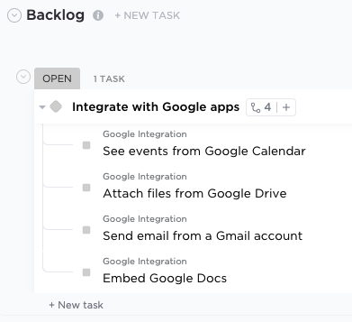 Screenshot showing how Sam creates subtasks that represent user stories in their Epic task.