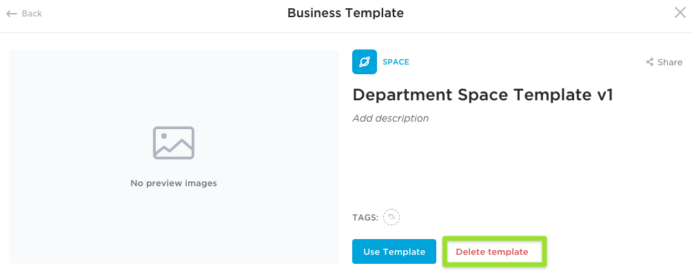 Screenshot showing how to delete a Space Template.