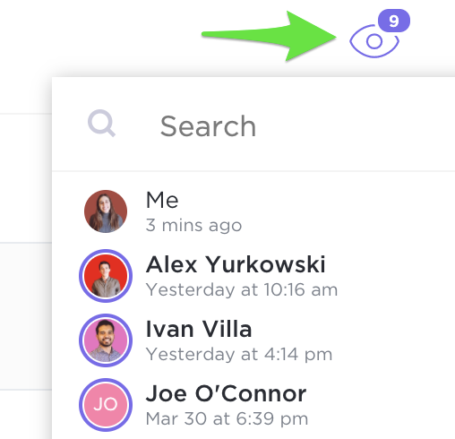 Screenshot showing several watchers and the times they last viewed a task.