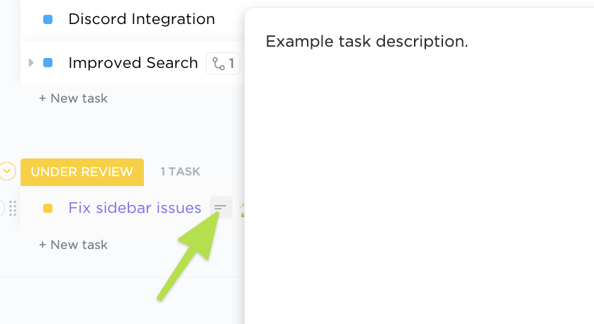 Screenshot highlighting a task's 'task description' icon in List view.