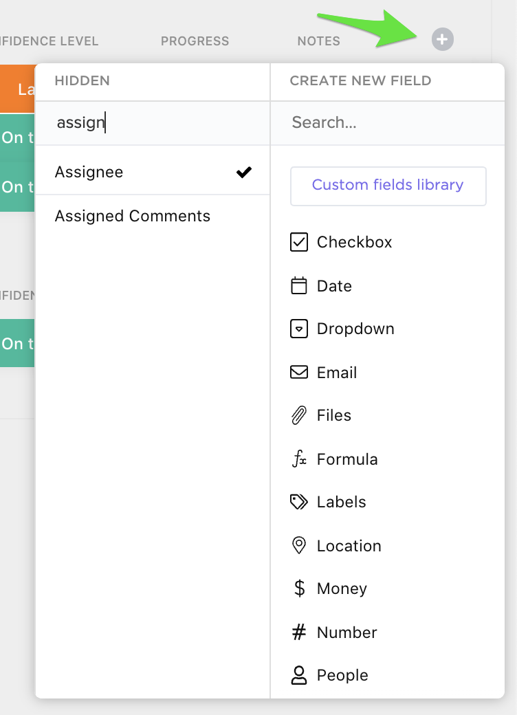 Screenshot showing how to add an assigned comments field to List view.