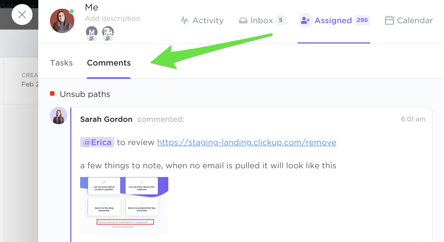 Screenshot showing the comments tab in profiles view.