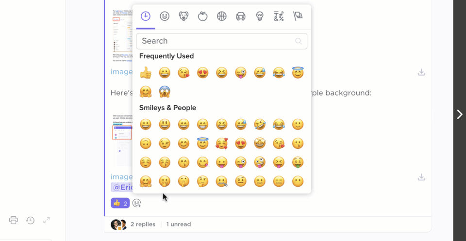 Gif showcasing how to add an emoji to a task comment.
