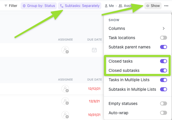 Screenshot of List view highlighting the show subtasks and show closed tasks options.