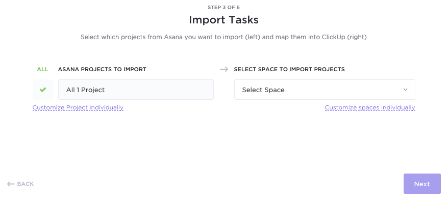 Step 3 of the import process where you map your Asana Projects to ClickUp Spaces.