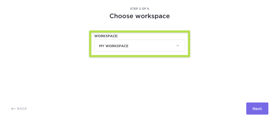 Screenshot of Step 2 of the import process to select an Asana Workspace.
