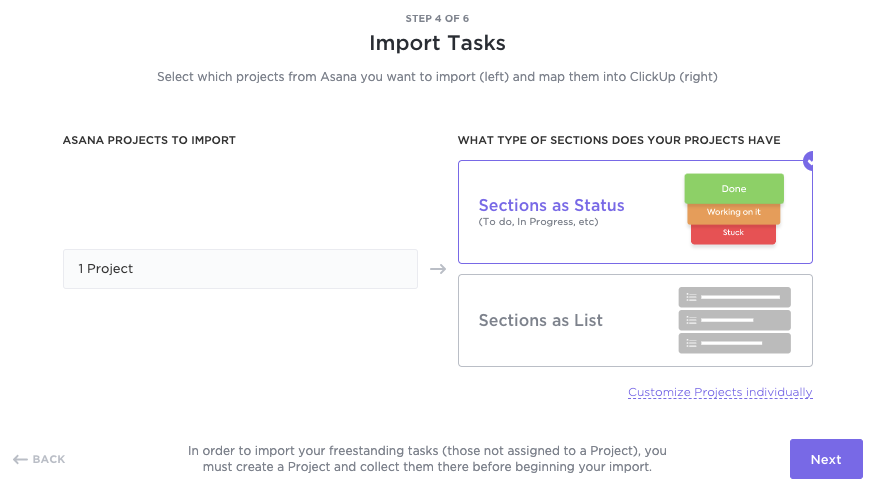 Step 4 of the import process where you selection the options to import Sections as Statuses or as Lists.