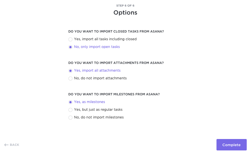 Step 6 of the import process where you select customizable options to import closed tasks, attachments, and milestones.