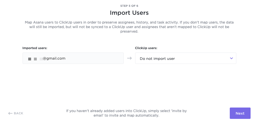 Step 5 of the import process where you map Asana users to ClickUp users.