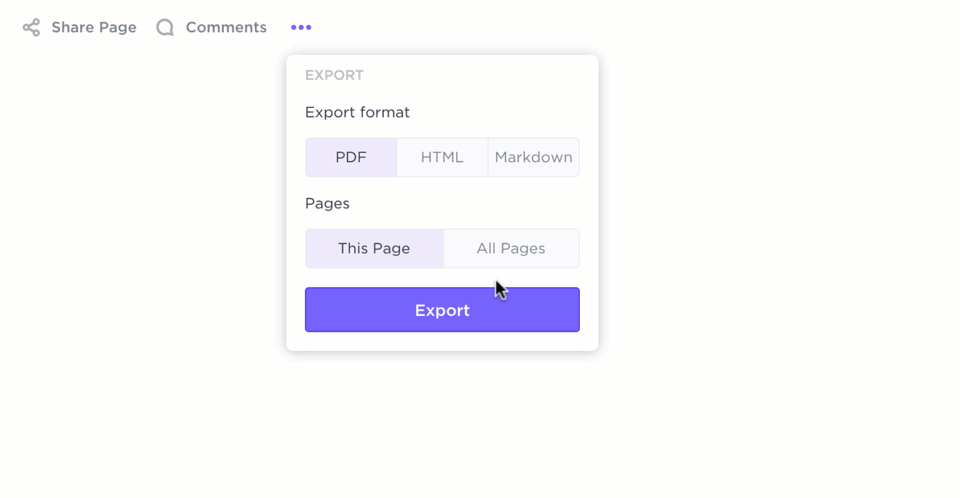Gif showing someone export all the pages of a Doc simultaneously in PDF, Markdown, and HTML through the export feature.
