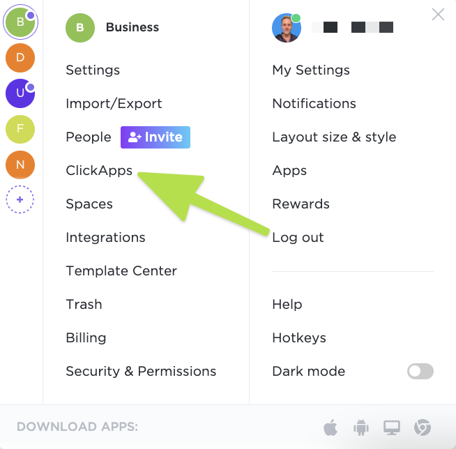 Screenshot highlighting the ClickApps option of the profile avatar menu.