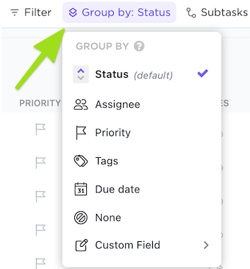 Screenshot highlighting the ability to group tasks in List view by Assignee, Priority, and Tags in the Group by: settings.