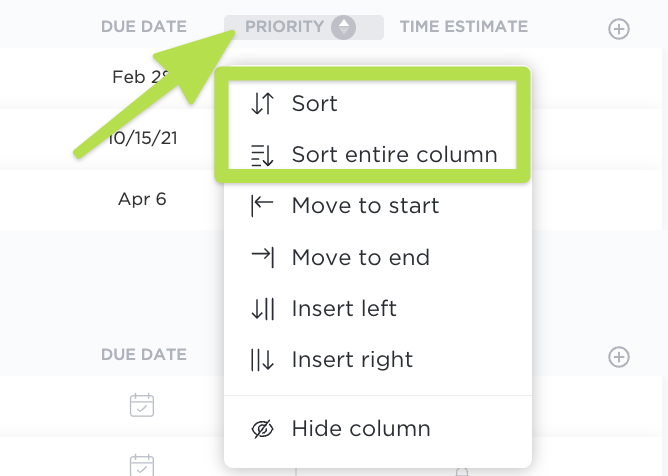 Screenshot highlighting the ability to sort tasks by Priority using a Priority column in List view.