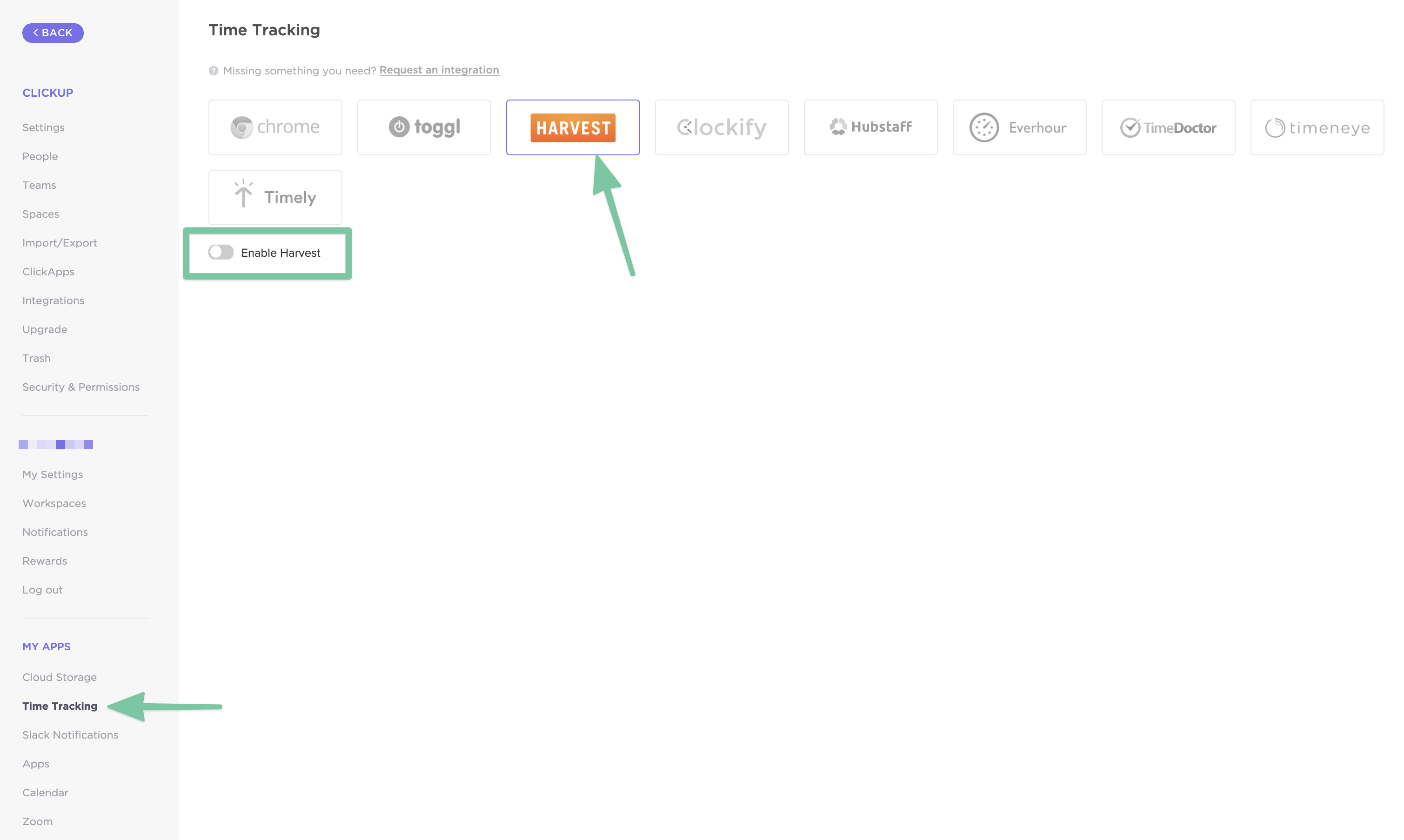 Click on the Harvest Icon and make sure to toggle on the Enable Harvest option.