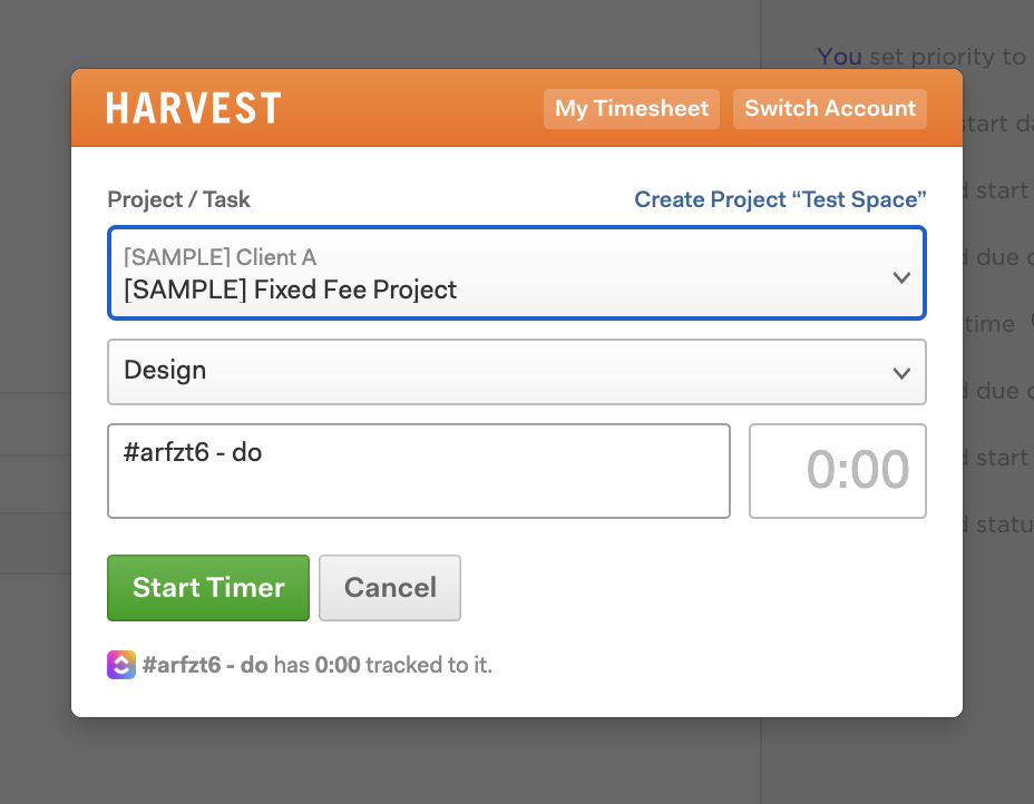 Choose a project in Harvest.
