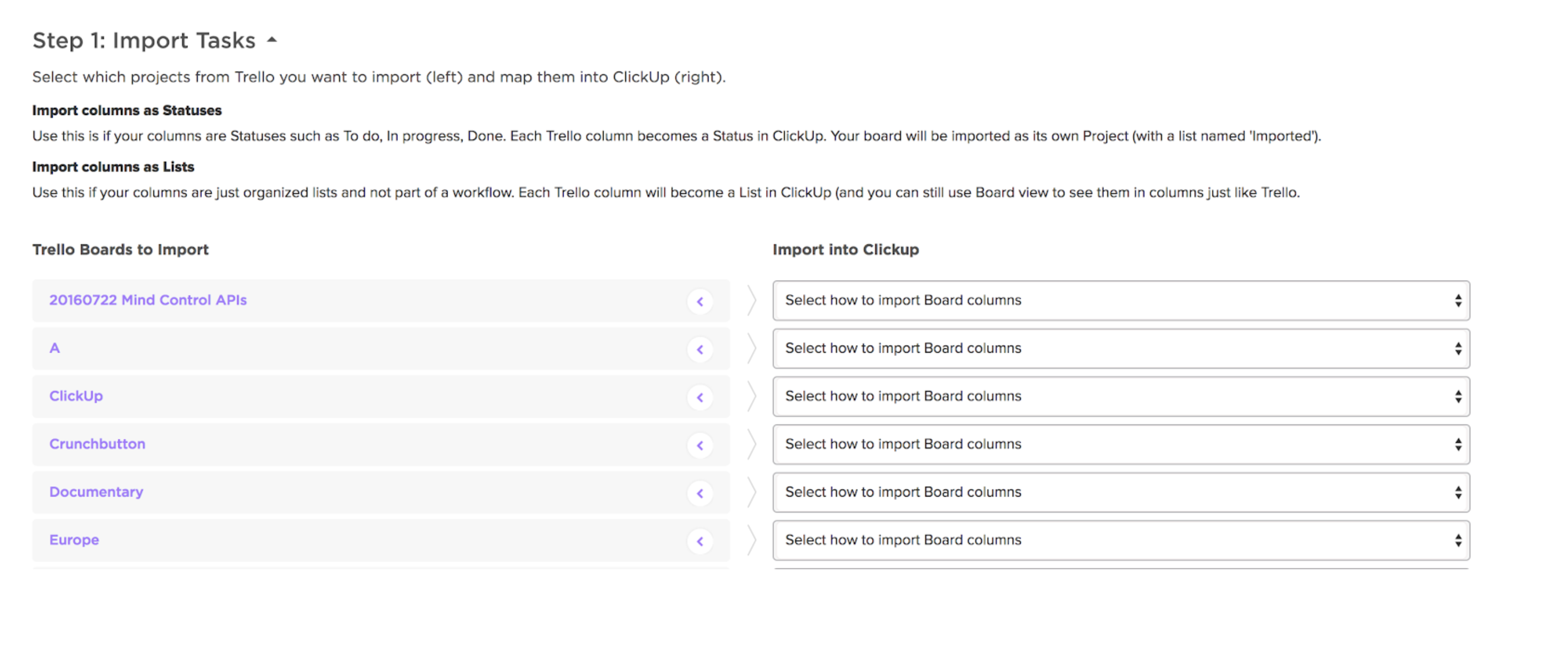 Screenshot of the import tasks from Trello options.