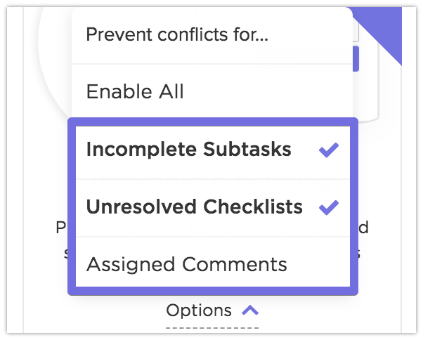 Screenshot of the options you can prevent conflict for.