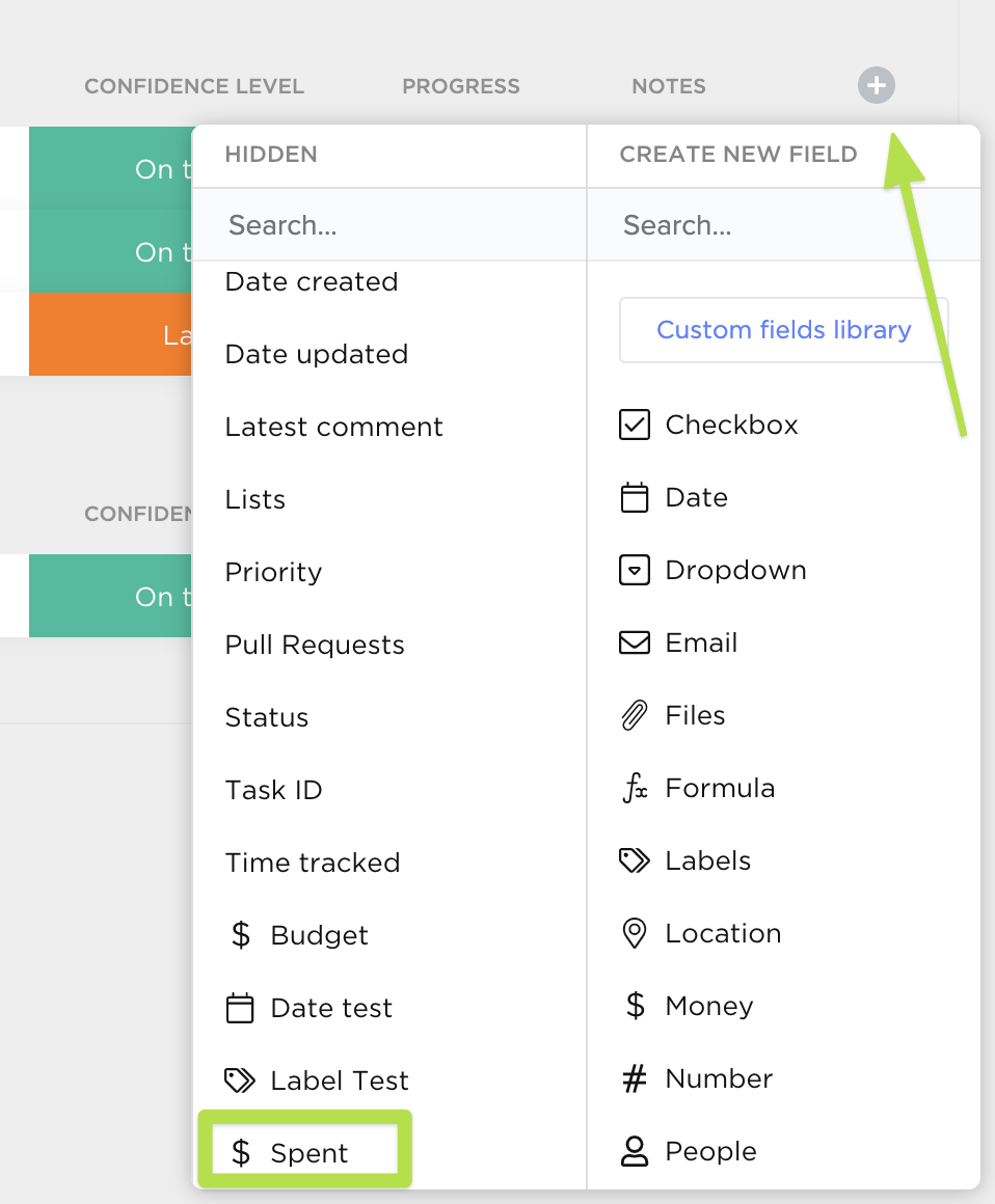 Click the plus sign on the right side of your custom fields to add into view.
