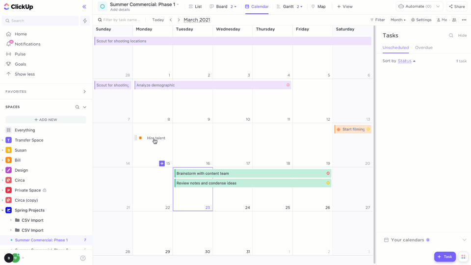 Drag and drop tasks onto the calendar view to schedule start/due date.