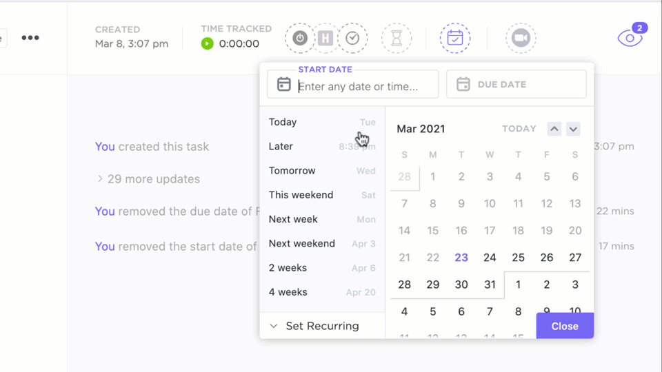 How to set start/due dates in task view.