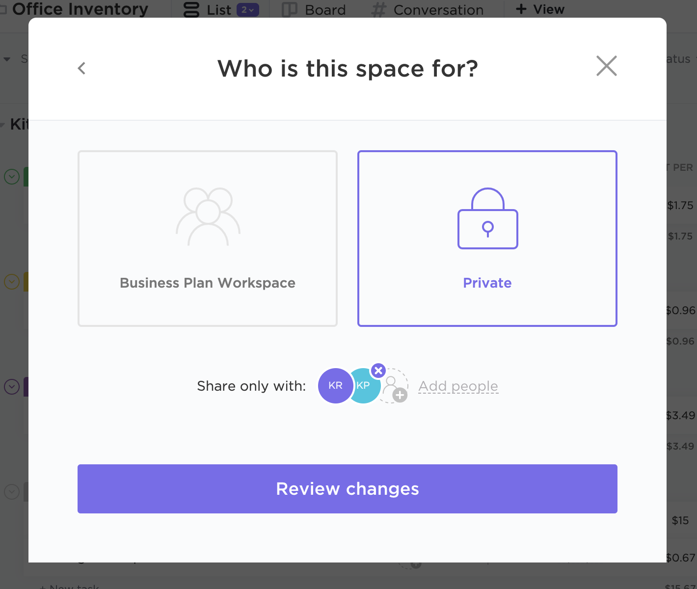 Screenshot showing the panel that lets you choose if the Space you're creating will be private or public to the Workspace.