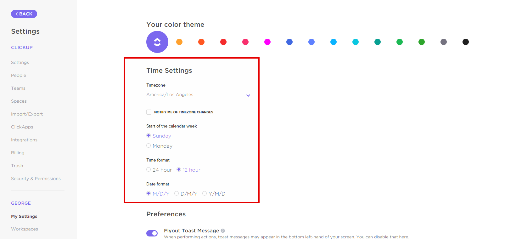 Screenshot showing the time format settings.