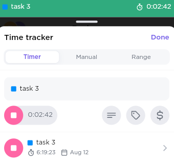 Screenshot of time tracker being stopped in mobile app.