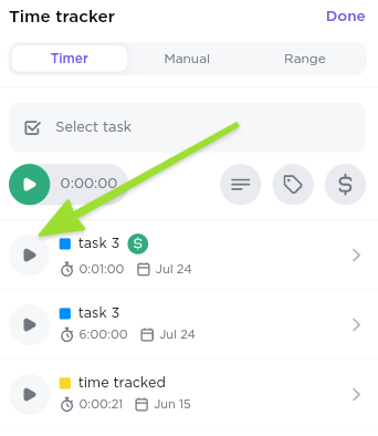 Screenshot highlighting the option to start a timer based on a recent time entry.