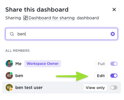 Screenshot of the Sharing modal showing how to share with a specific member or guest and customize their permissions.