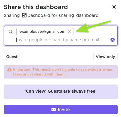 Screenshot of the sharing modal showing how to share with a new person.
