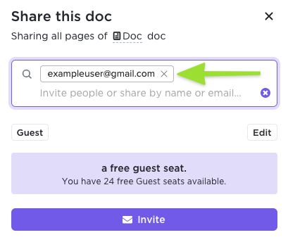 Screenshot showing how to invite a new guest by entering their email address.
