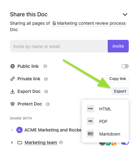 Screenshot of the Doc sharing modal highlighting the Export option.
