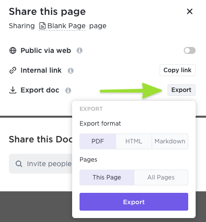 Screenshot of the sharing modal highlighting the option to export pages and the formats and option to include just this page or all pages.
