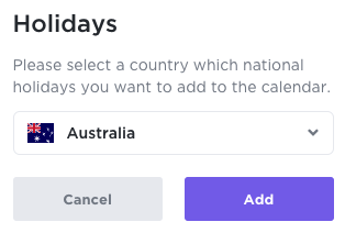National holidays pop up with drop down menu to select your country