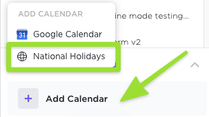 Add Calendar menu highlighting the National Holidays options