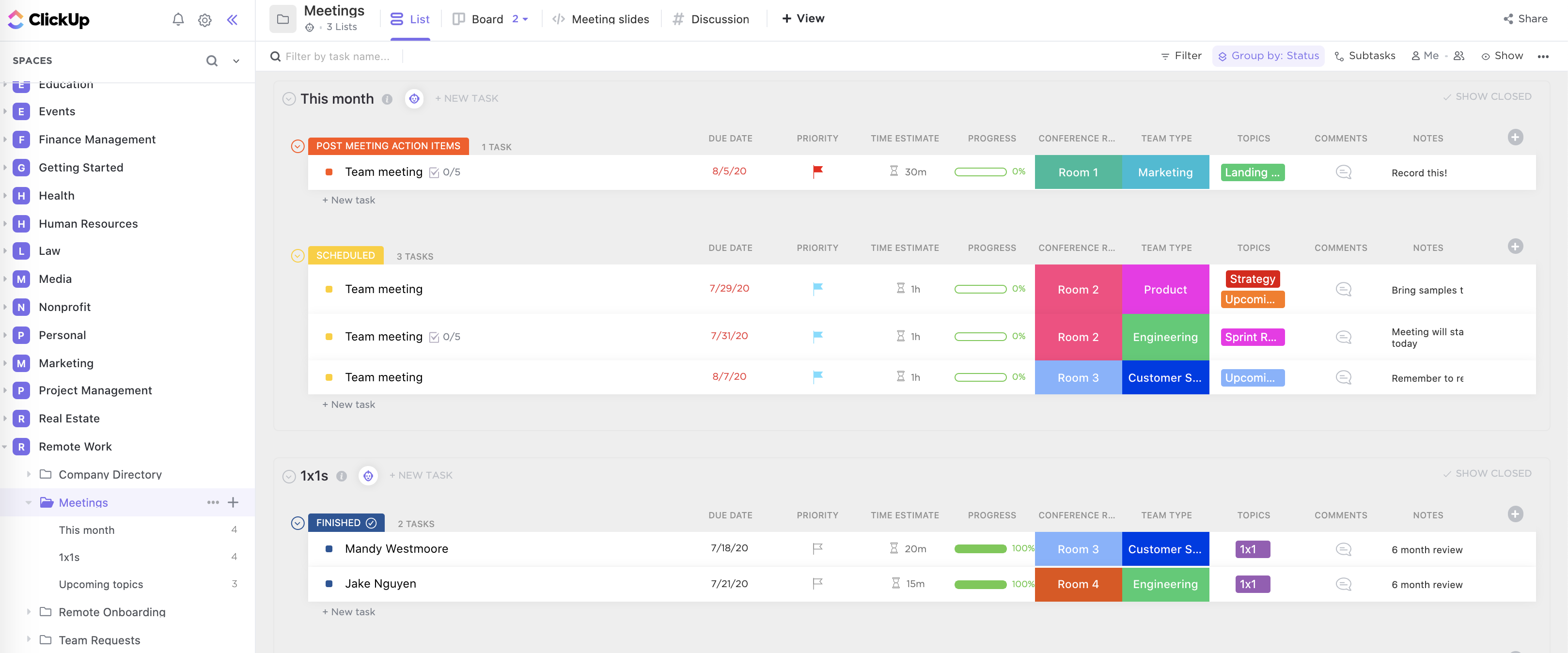 screenshot of clickup vs asana dashboard showing clickup's dashboard for meeting management