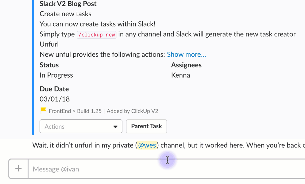 Animated gif of a Slack notification from ClickUp