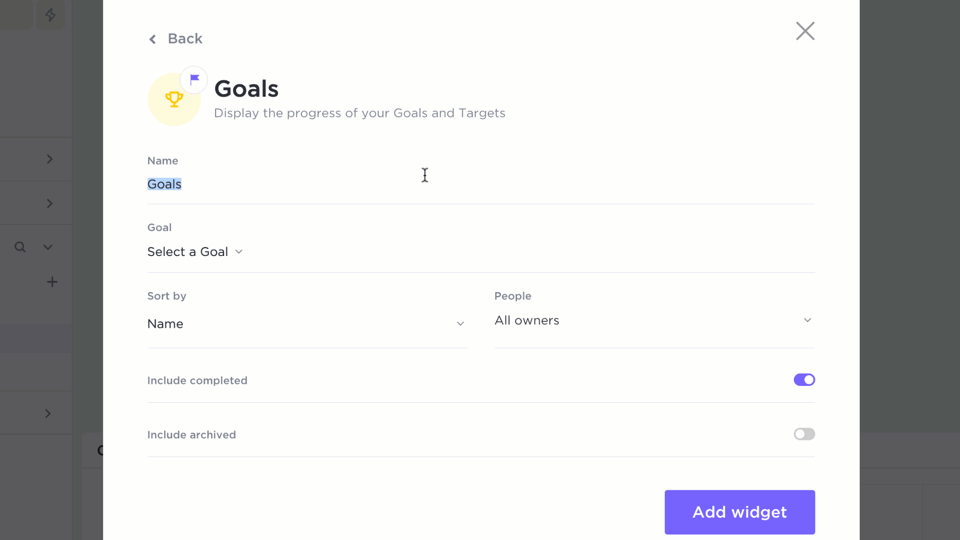 GIF demonstrating how to create a Goals widget.