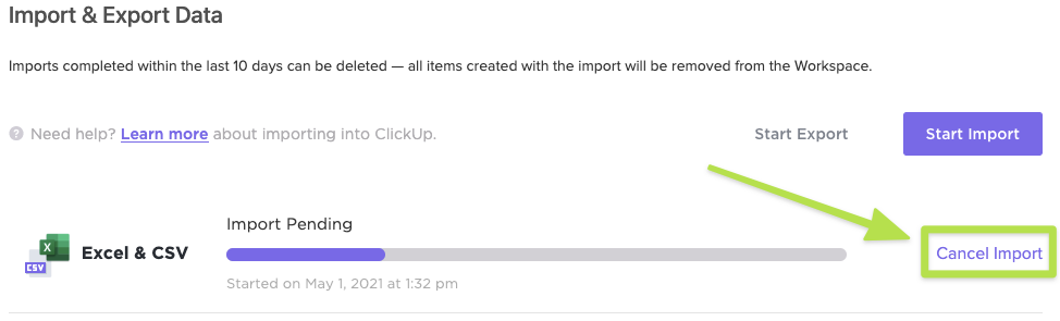 Screenshot of the Import/Export Settings page highlighting the Cancel Import button.