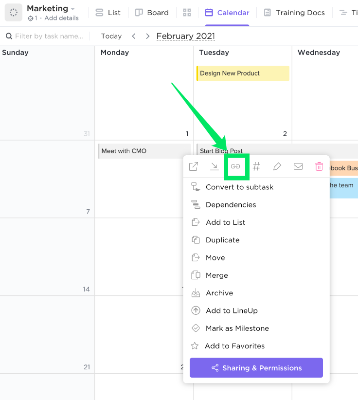 Screenshot showing someone press on the ellipses of a task in Calendar view and then press the URL button.