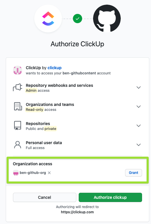 Screenshot of the ClickUp authorization menu in Github.