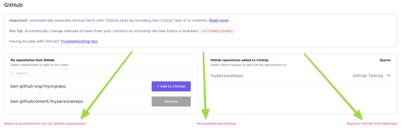 Screenshot highlighting the different options to remove Github authorization, re-authenticate Github, or remove Github within the ClickUp settings.