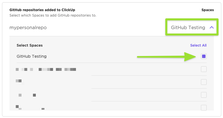 Screenshot highlighting the 'Github testing' option in the 'my repositories from Github' menu in ClickUp.