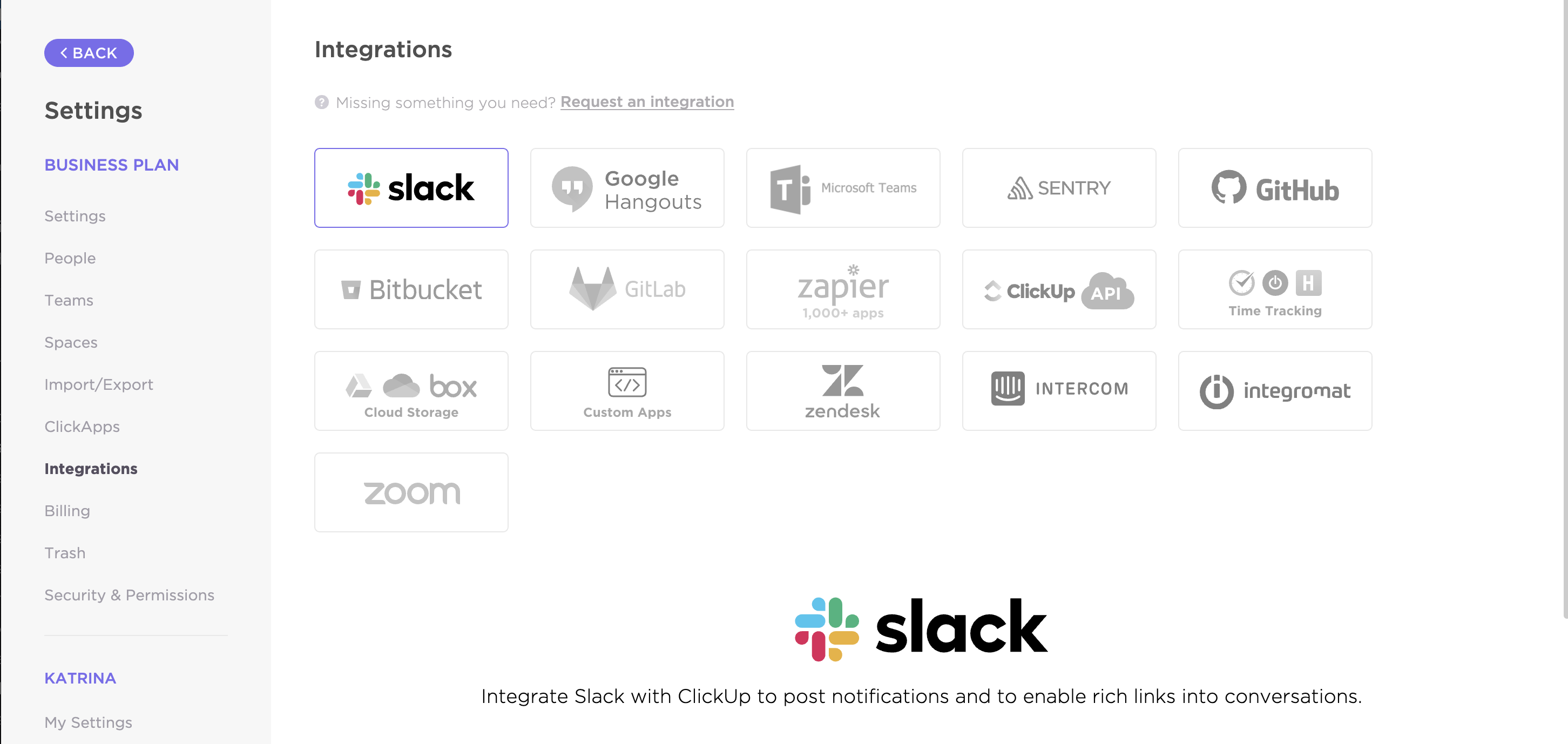 Screenshot showing the Slack integration option in the ClickUp settings.
