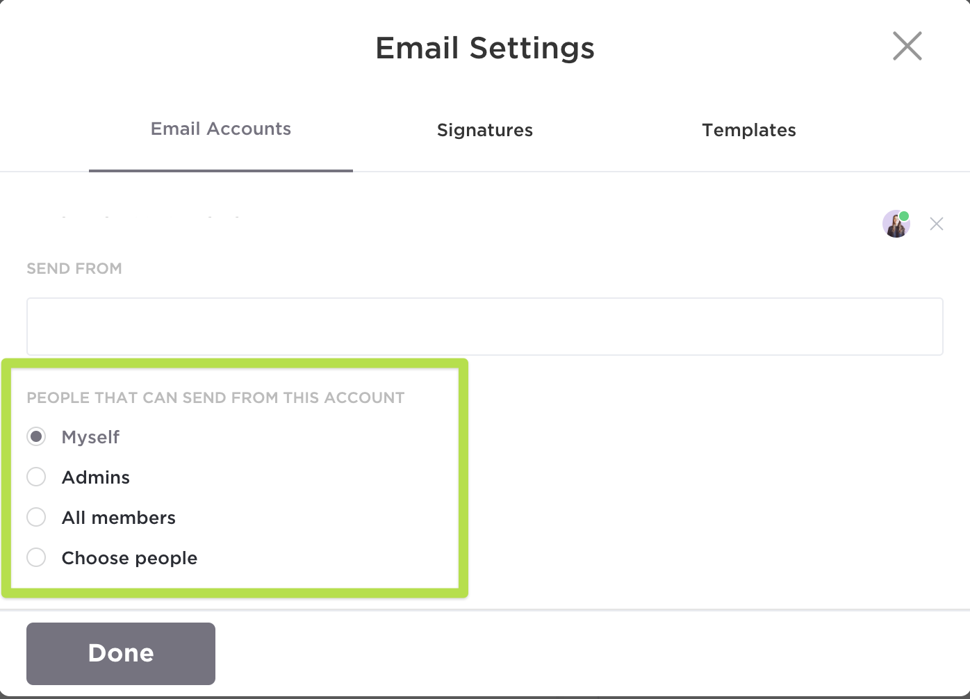 Screenshot showing the permissions options for who can send emails from a particular email account in ClickUp.