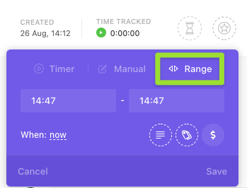 Screenshot of the timer menu, highlighting the option to add a time entry using a range