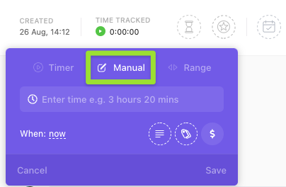 Screenshot of the timer menu, highlighting the option to manually add a time entry
