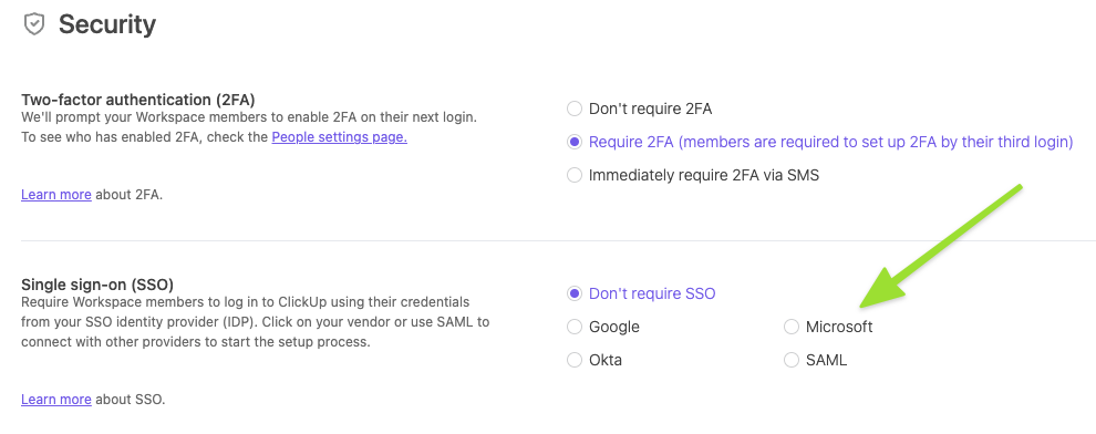 Screenshot of the single sign-on options